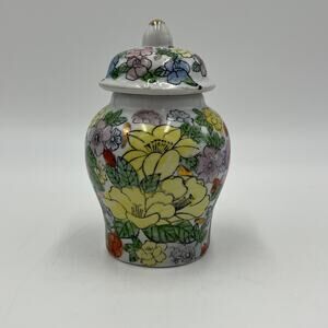 Vintage Hand painted Asian Floral Urn Jar Vase Green Yellow Ceramic with Lid